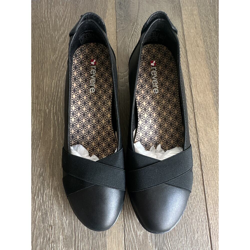 Revere Seoul Black Onyx Leather Wedge Flat Slip On Women Size 7 Wide New - Picture 2 of 8